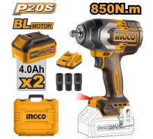 Гайковерт аккумуляторный INGCO 20В, 850 Нм, 1/2", BL, 2х4.0 Ач