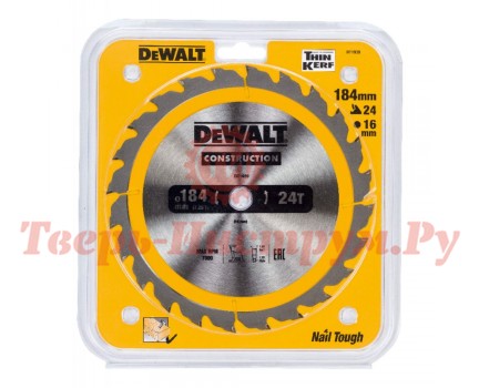 Диск пильный по дереву DEWALT CONSTRUCTION 184х16 24z ATB 10°