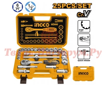 Набор головок с трещоткой INGCO 1/2" 25 предметов Набор головок с трещоткой INGCO 1/2" 25 предметов